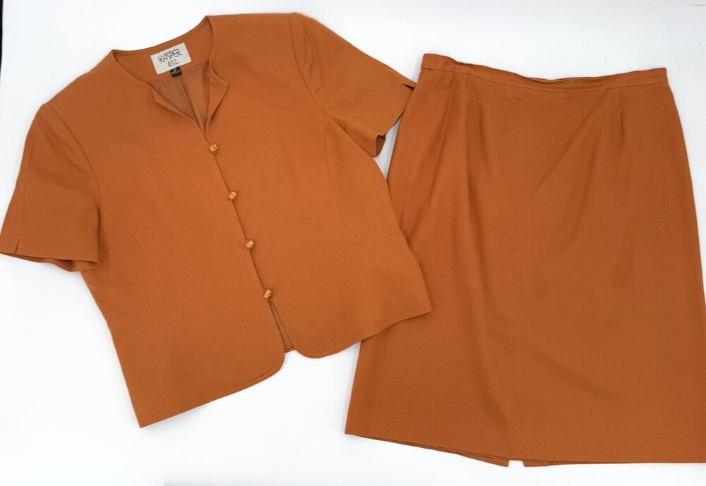 Vintage Kasper A.S.L. Skirt Suit Womens 14 Rust Linen Blend 2 Piece Set Blazer